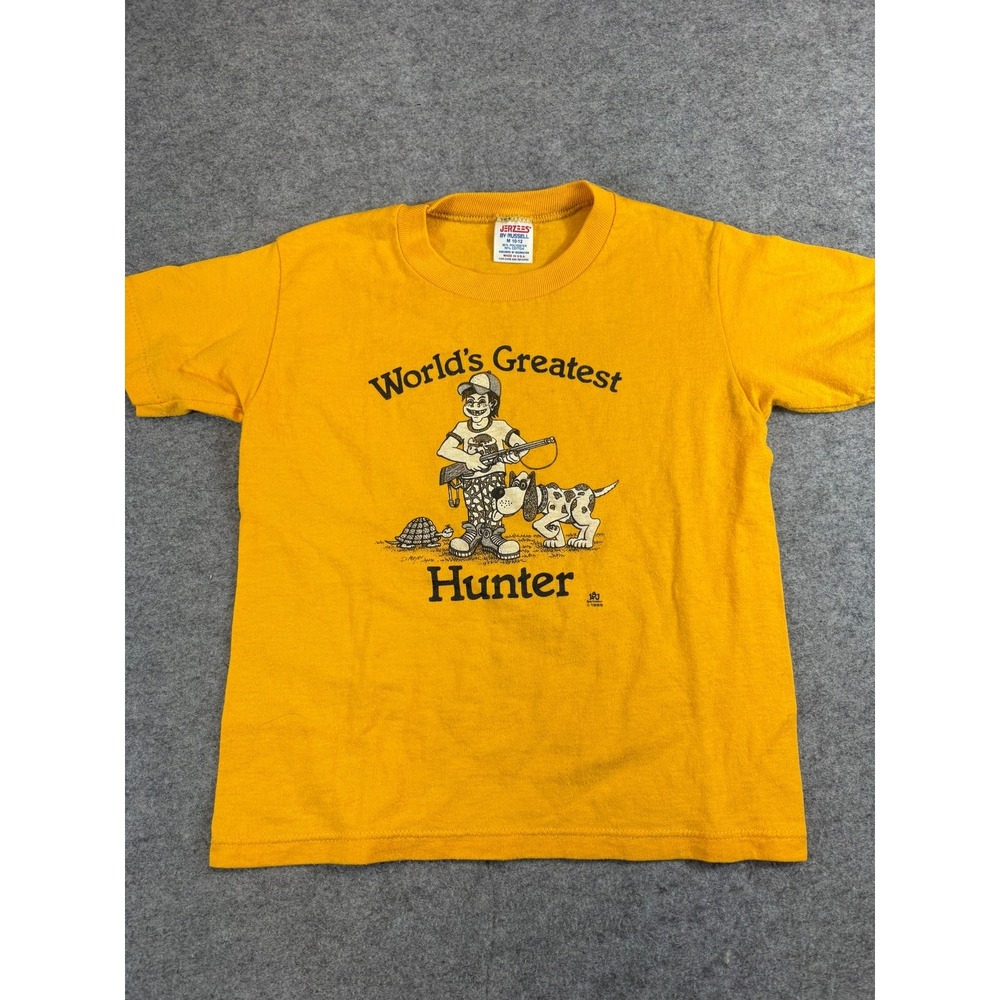 VTG 80s Worlds Greatest Hunter Shirt Youth Medium Yellow Novelty 1985 Funny USA